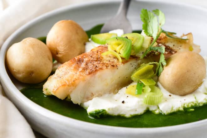 Golden brown seared piece of white fish, surrounded by yogurt, green sauce, potatoes and leeks.